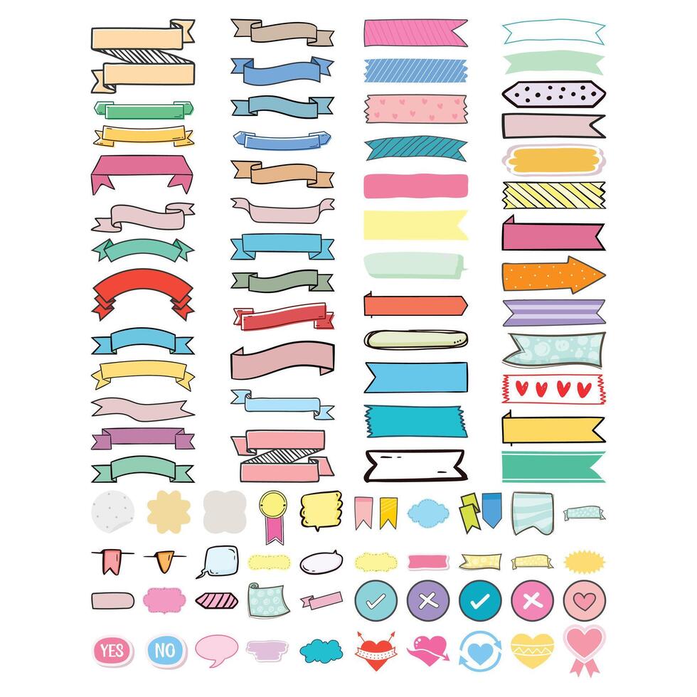 Ribbon Banner Color, Decorative Scroll. Colorful ribbon banners, handdrawn style, featuring pink, blue, orange, purple, yellow, light blue ribbons. Banners text, doodle ribbons decorative messaging. vector