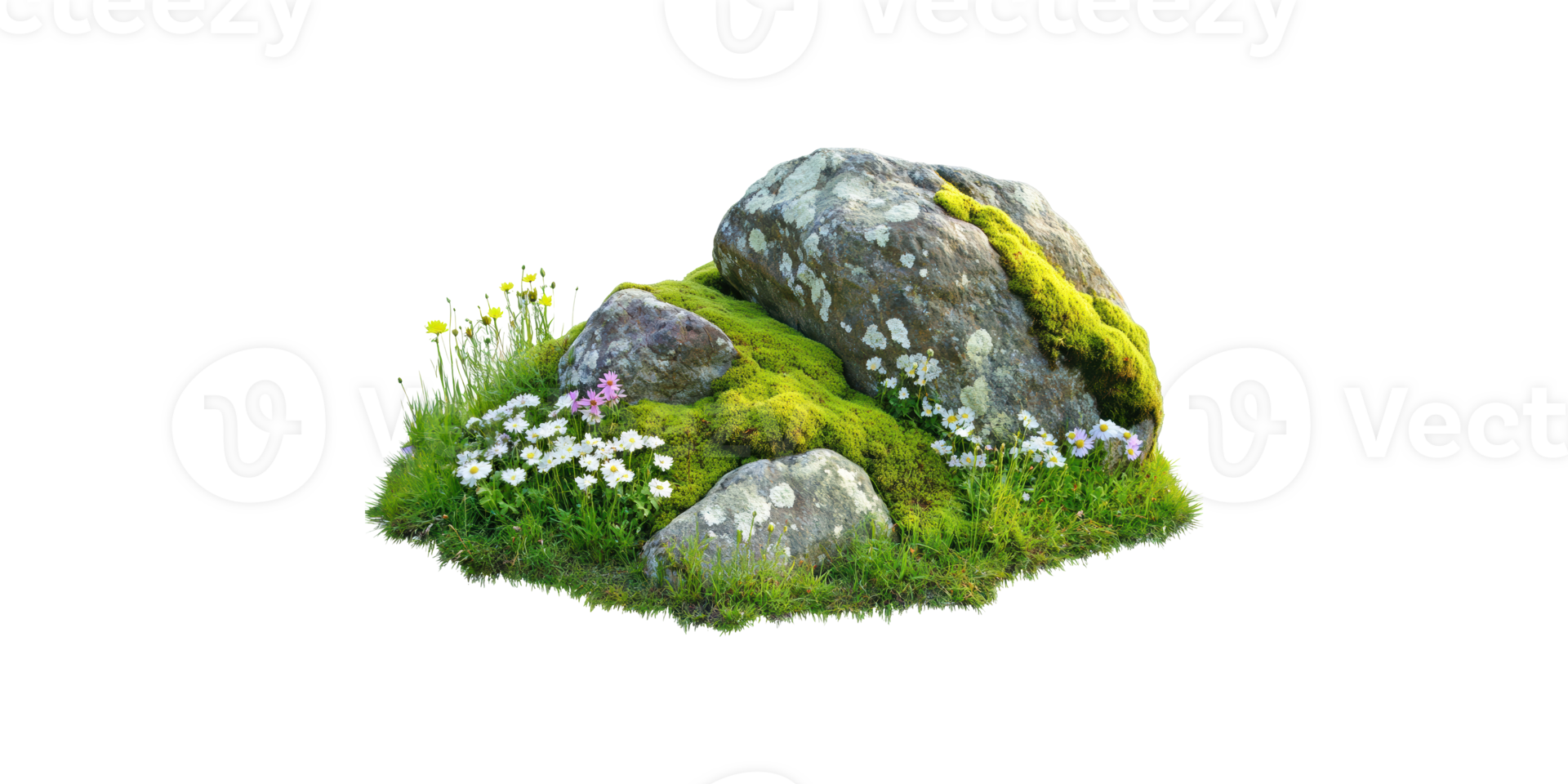 Mossy rocks with wildflowers isolated on transparent background png