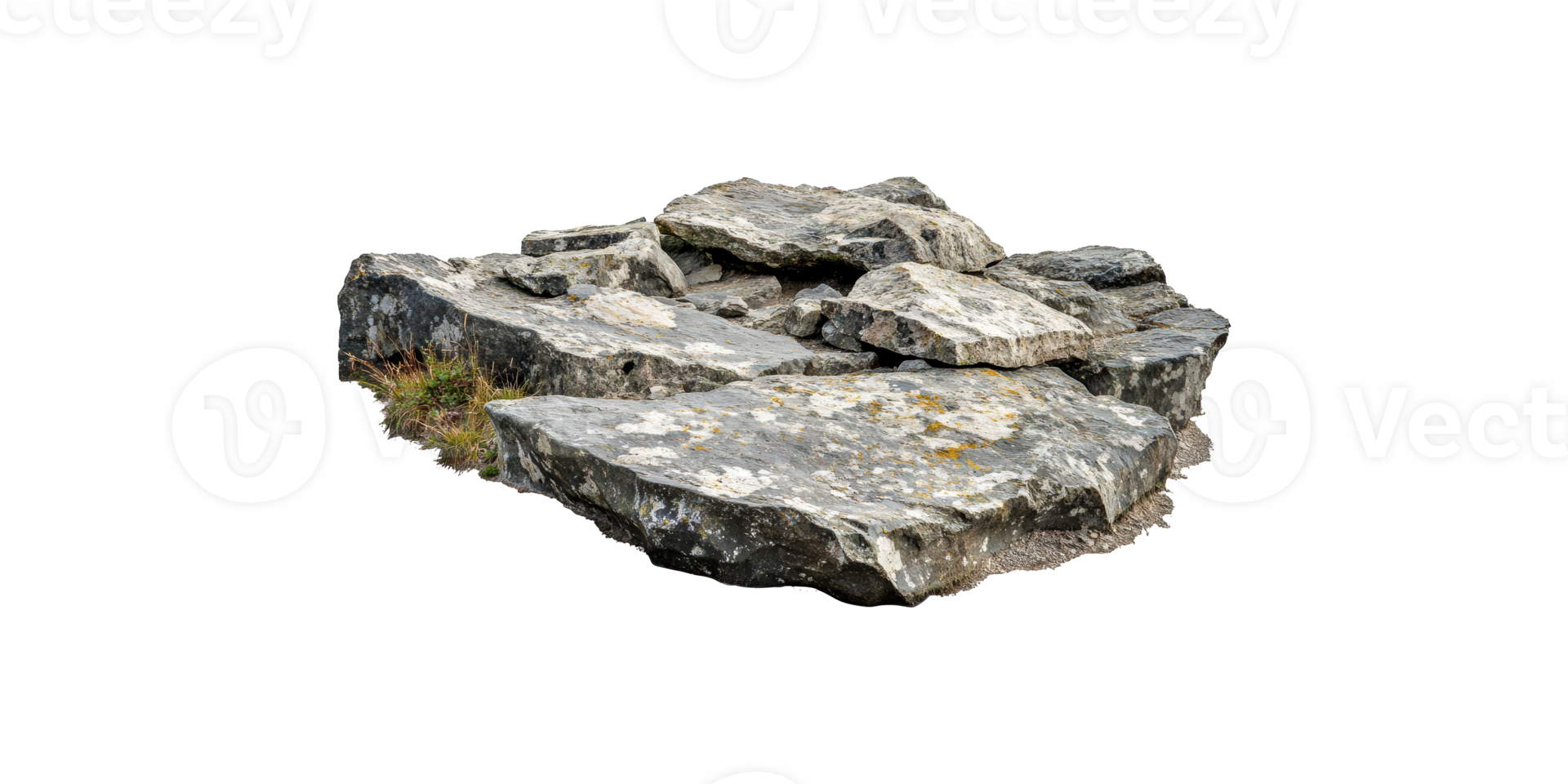 Flat gray rocks with moss and grass isolated on transparent background png