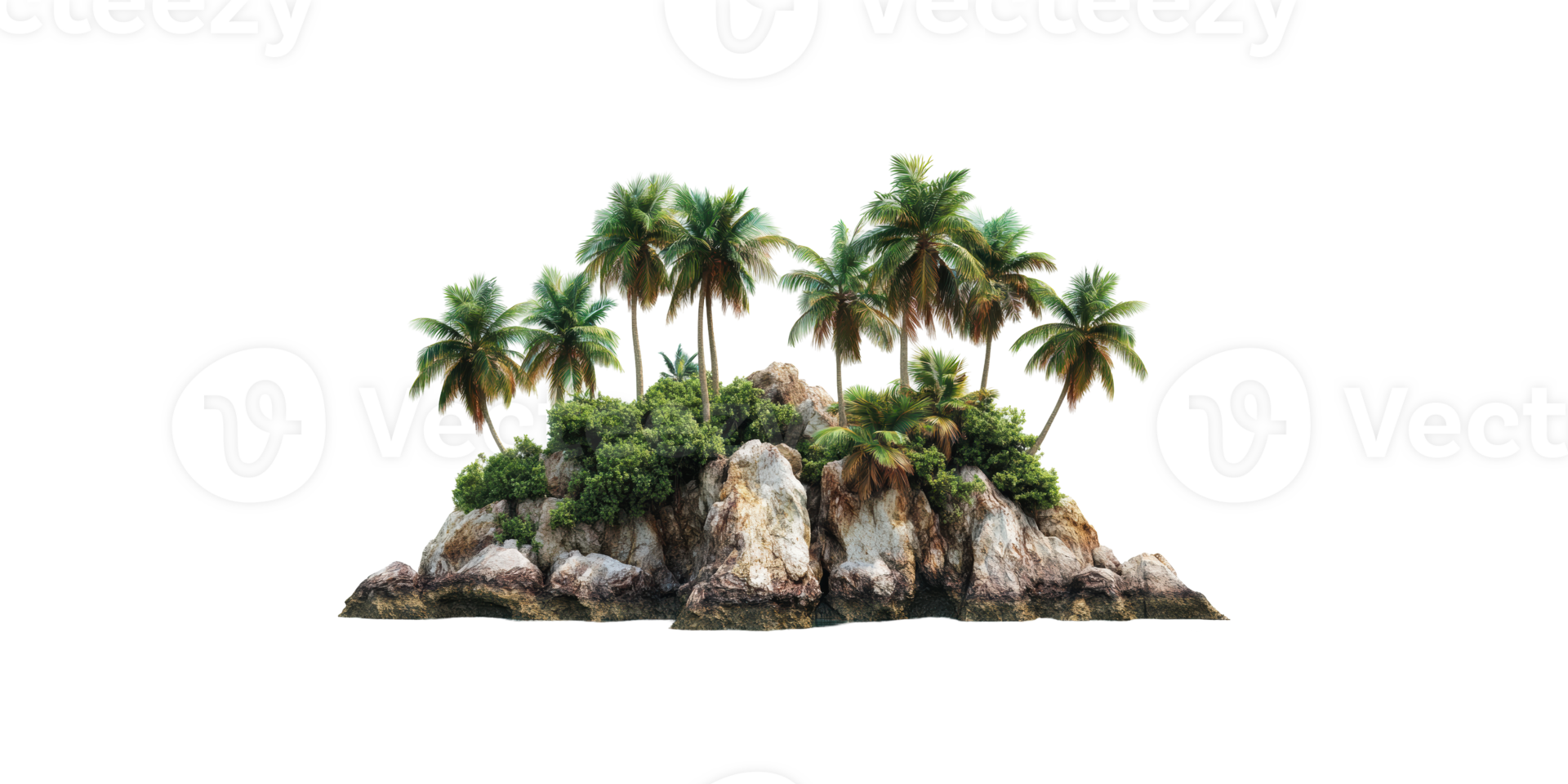 Tropical island with palm trees and rocks isolated on transparent background png