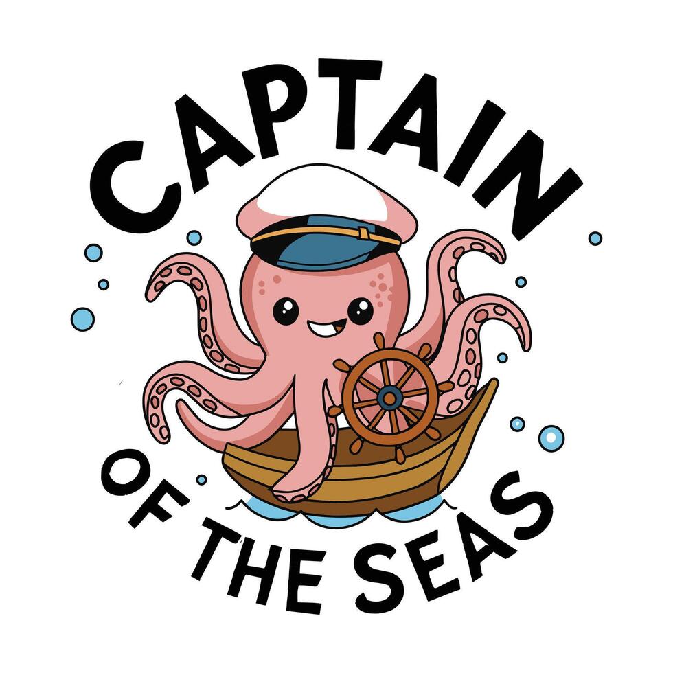 Captain of the Seas T Shirt Design An Octopus Wearing Captain's Cap on a Boat vector