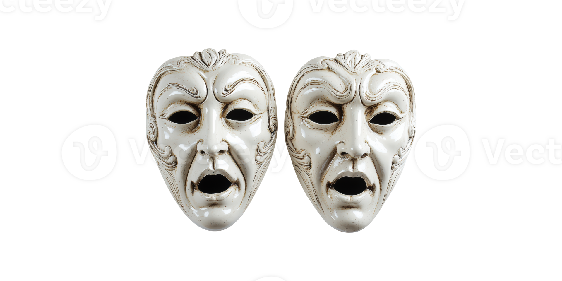 Two ornate theater masks facing forward isolated on transparent background png