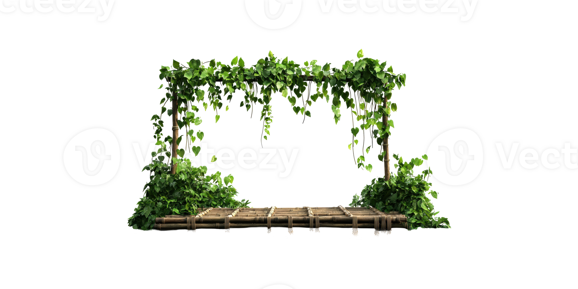 Wooden bamboo arch with green vines isolated on transparent background png