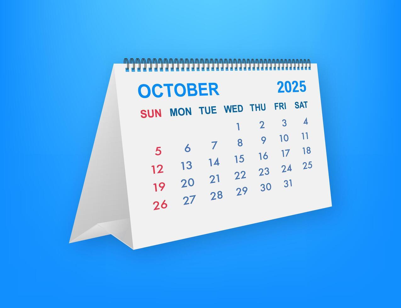 Desktop calendar showing October 2025 month on blue background vector