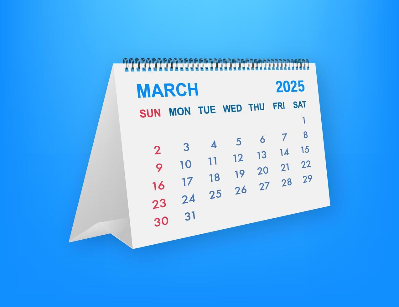 Desktop calendar showing March 2025 on blue background vector