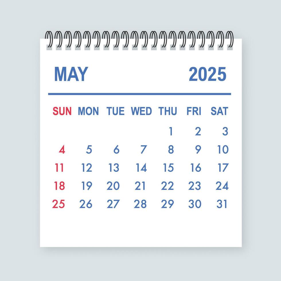 May 2025 calendar page showing days, weeks, and months for planning and scheduling vector