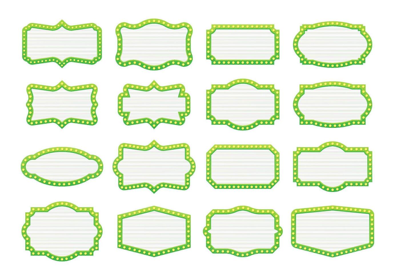 Green light bulbs frame sign collection illuminating white striped background vector