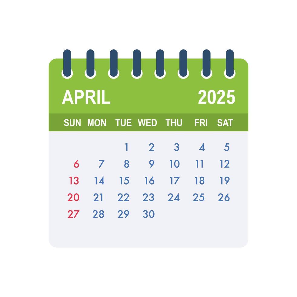 April 2025 calendar page showing days, weeks and months vector