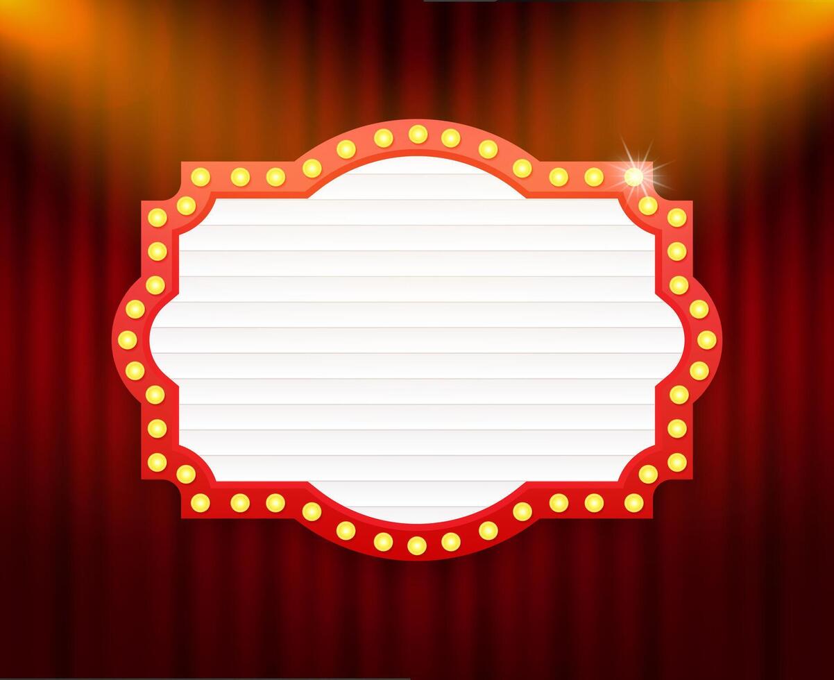 Illuminated blank billboard with glowing lights on red curtain background vector