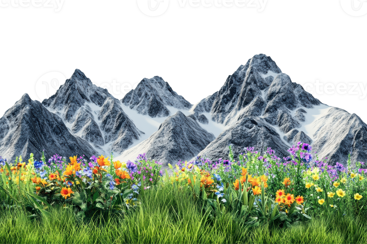 Snow-capped mountains with colorful flower meadow isolated on transparent background png