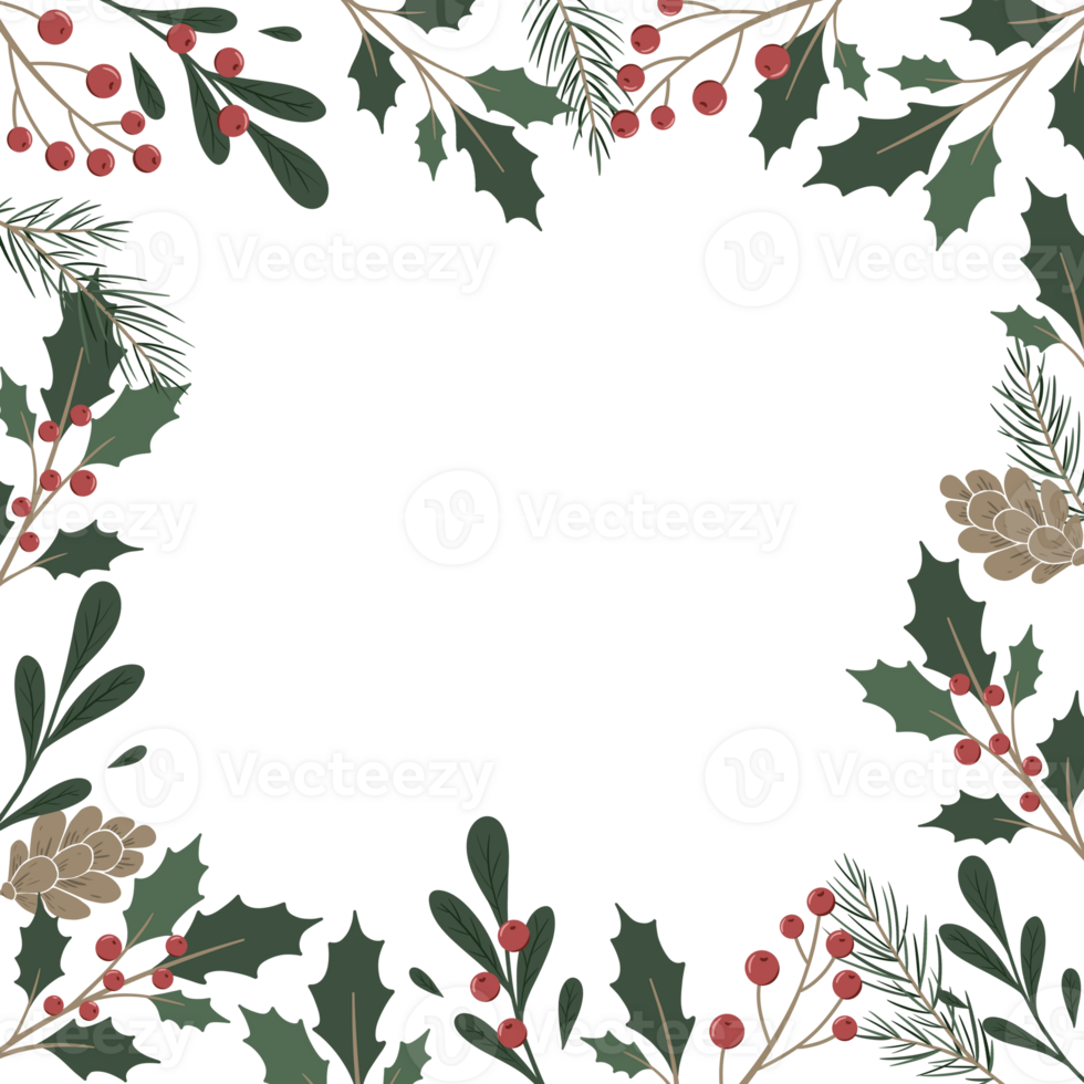 Christmas frame of ilex branches with red berries. Botanical Winterberry, pine branch and cones square wreath. Hand painted botanical illustration for wedding invitation, greeting card png