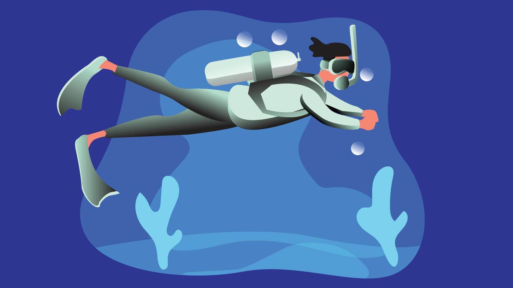 An illustration of a scuba diver exploring the ocean. The diver is fully equipped with a wetsuit, scuba gear, oxygen tank, and mask, submerged in the clear blue water vector