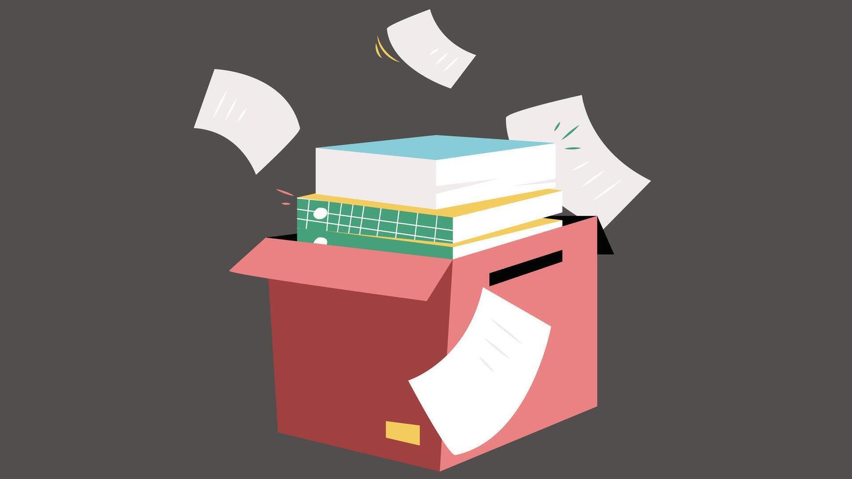 An illustration of a box filled with paperwork in an isolated flat design. The box is open, revealing a collection of documents vector