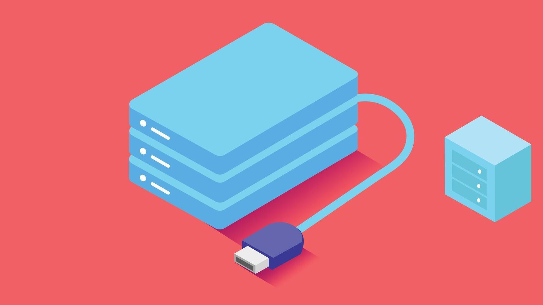 An illustration of a local hard disk device with a USB cable. The hard disk is compact and portable, with a modern design vector