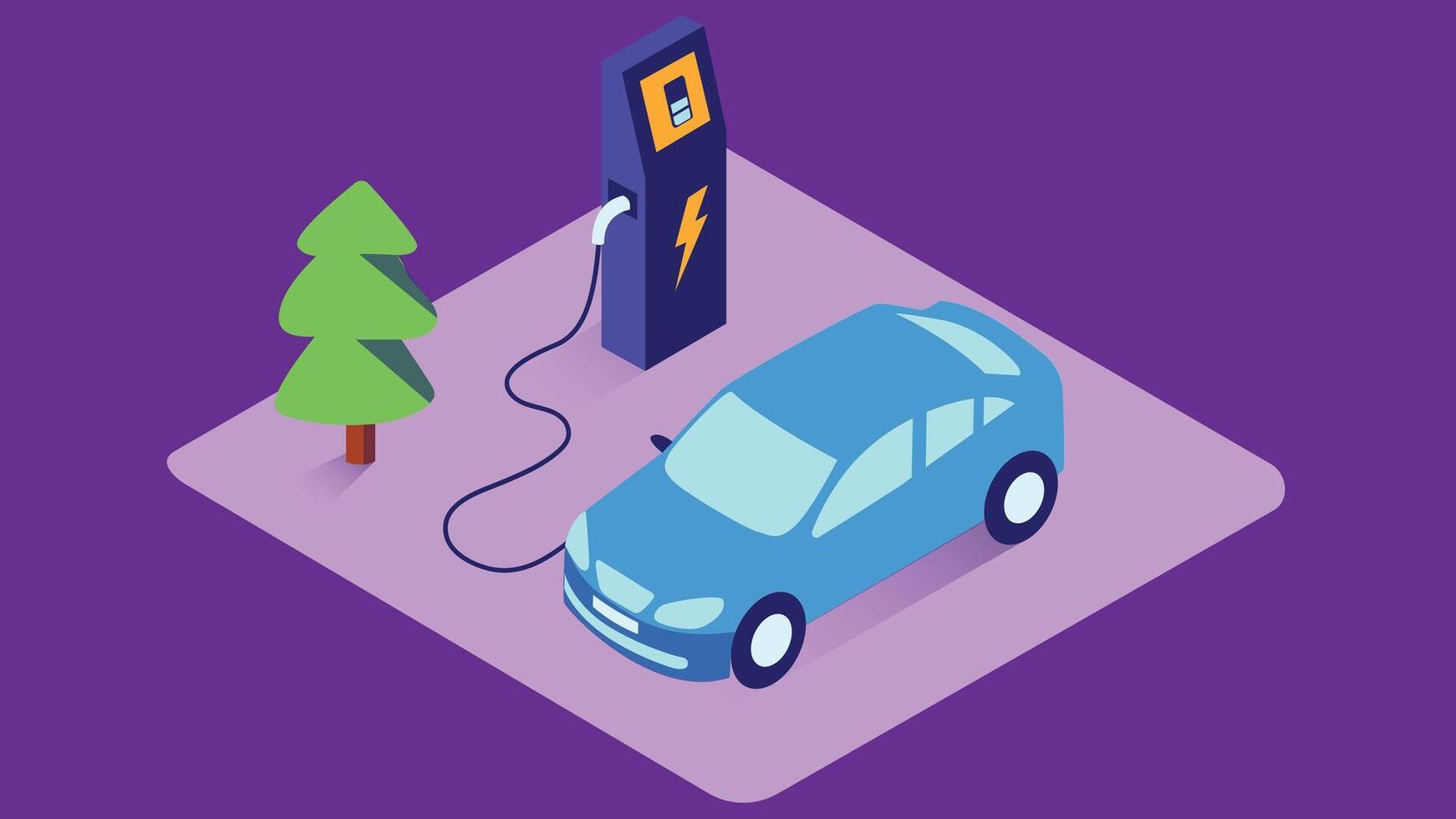 An isometric design of an electric car charging station. The charging station is depicted with a sleek, modern look, featuring charging ports vector