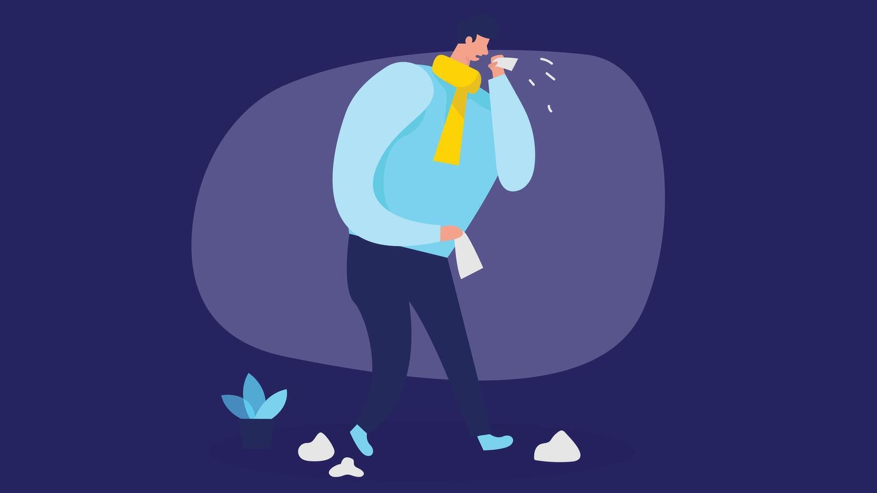 An illustration of a man suffering from a cold, holding tissues as he tries to manage his symptoms vector