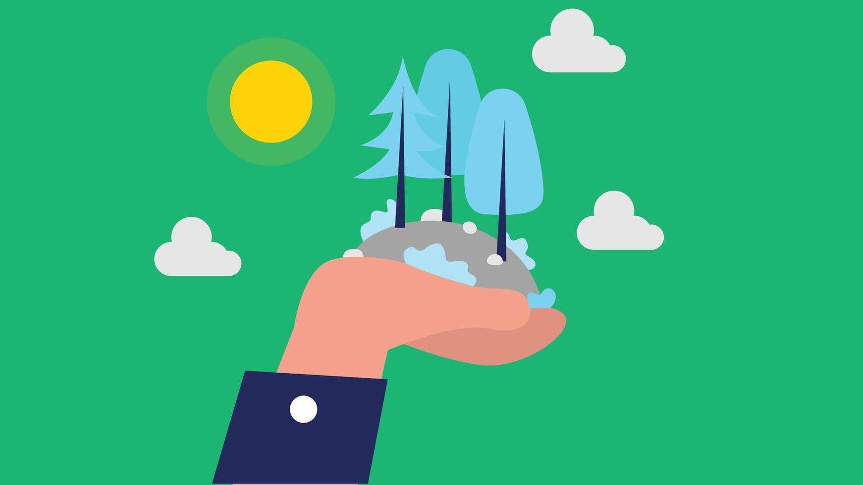 hand holding forest trees with clouds and sky flat design vector