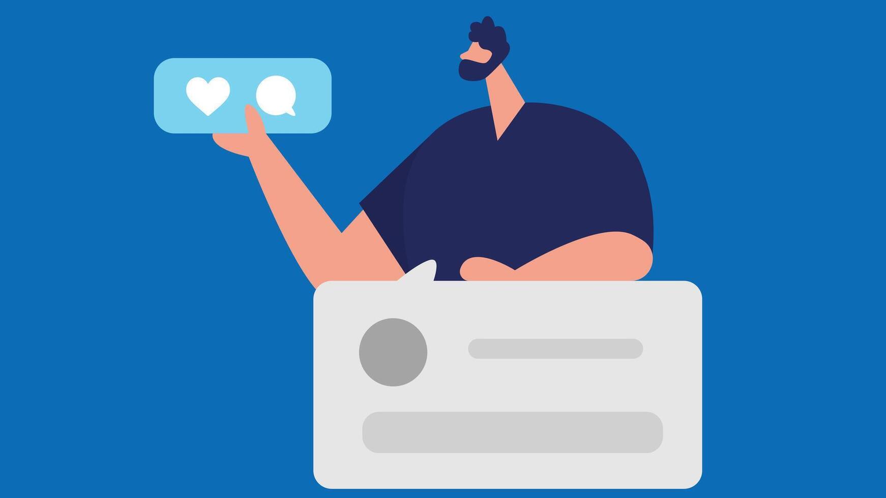 Illustration of a man holding the reaction buttons for a social media application, such as the like, love vector