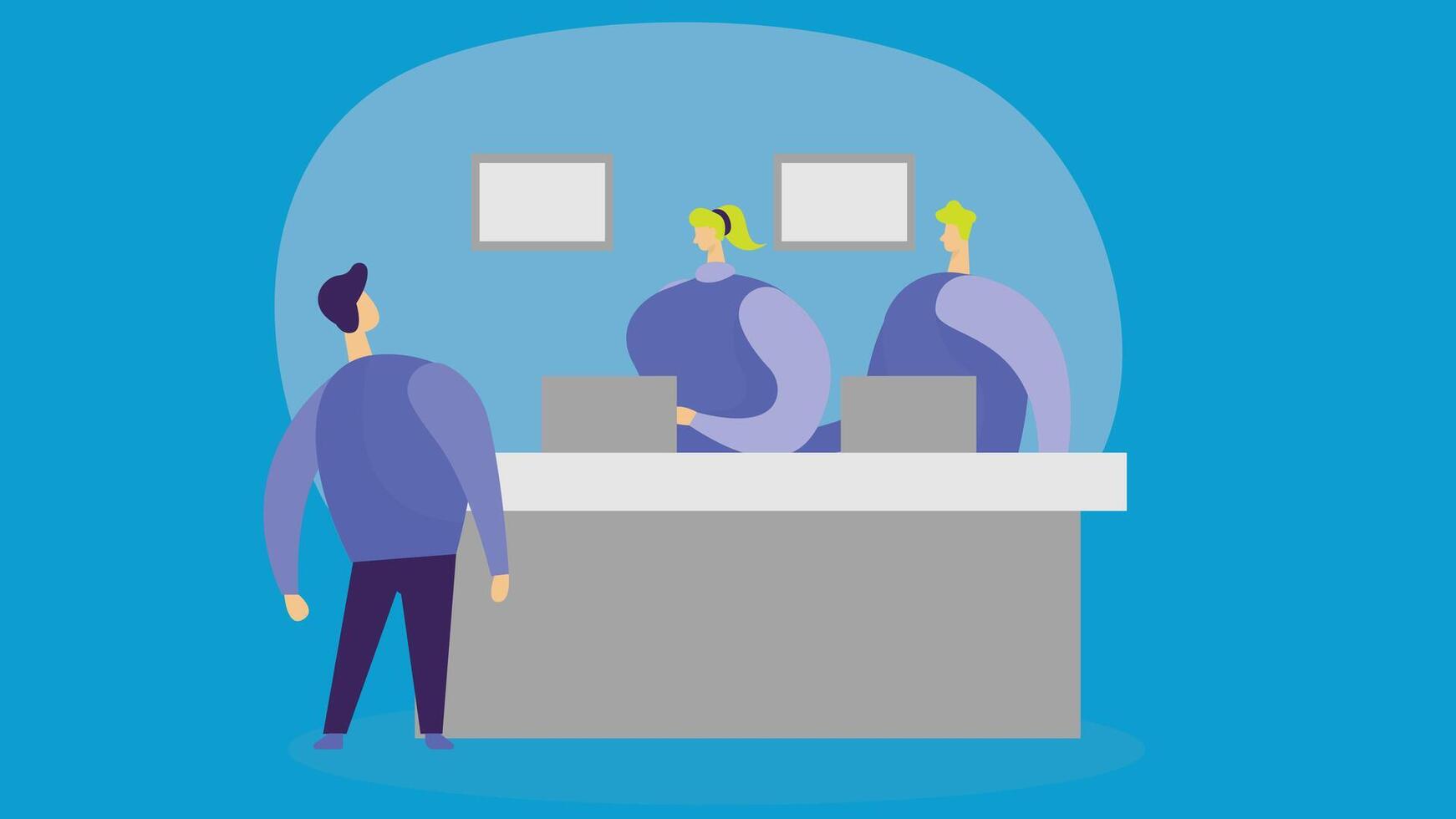 An illustration of an information reception desk where customer service employees are talking to a customer vector
