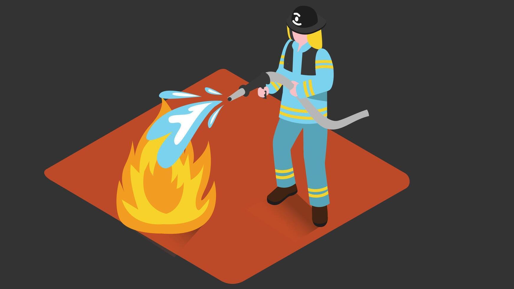 An isometric illustration of a firefighter holding a water hose and putting out a fire vector