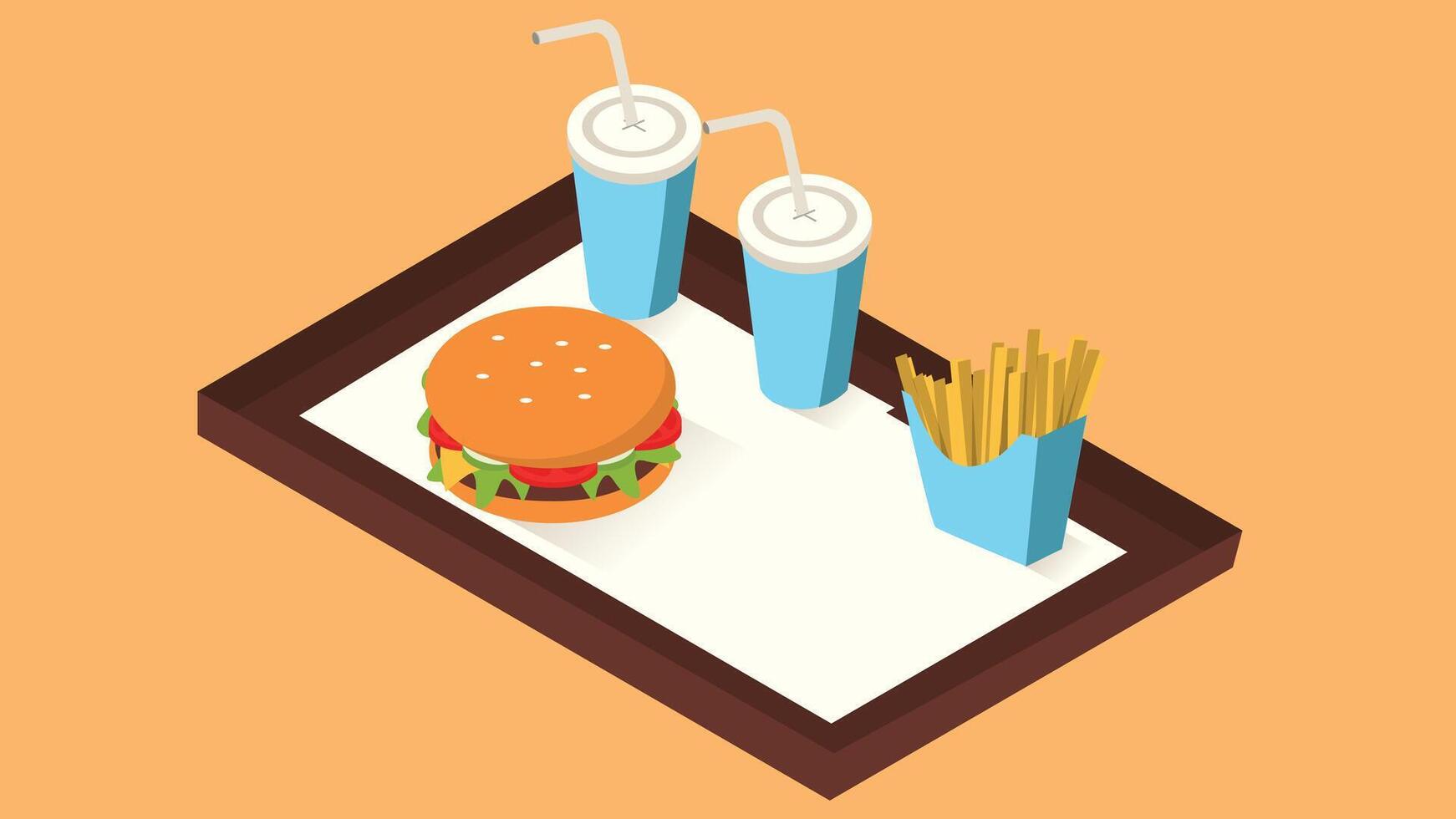 An isometric design of a chicken burger meal, complete with crispy fries and a refreshing soda vector