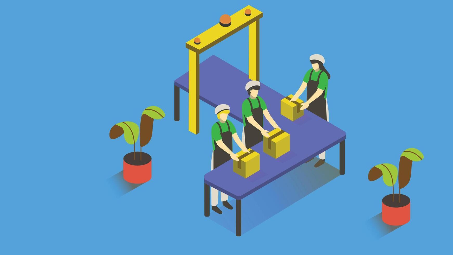 An isometric illustration of workers collaborating together on a factory production line, packing products vector