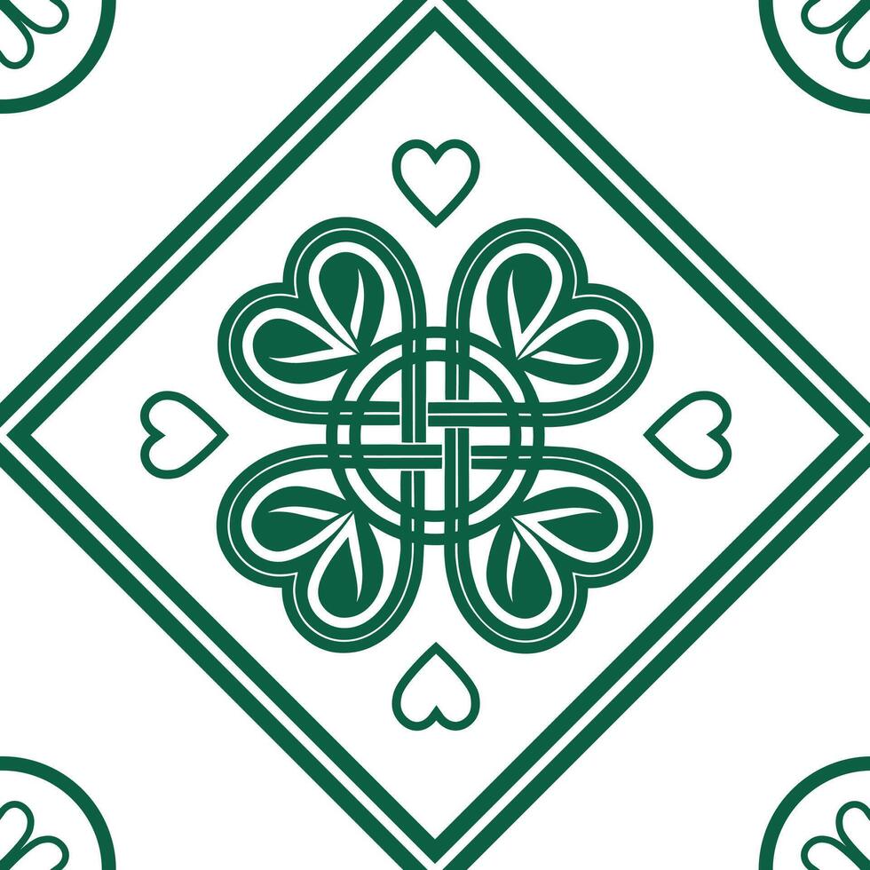 Emerald Knot. Pattern with green Celtic knots and a four-leaf clover on a light background. vector