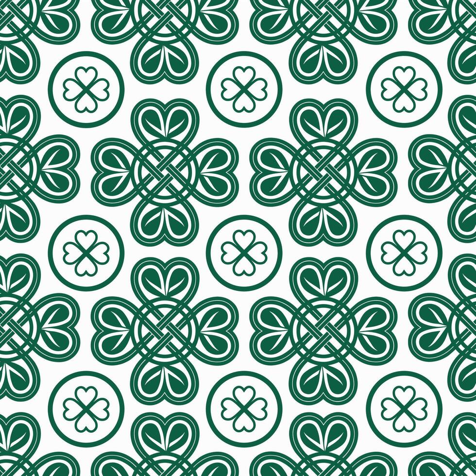 Symbolic pattern with green clovers and intertwined knots on a white background. vector