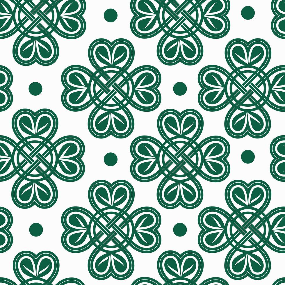 Pattern with four-leaf clover and Celtic knot in green tones on a white background vector