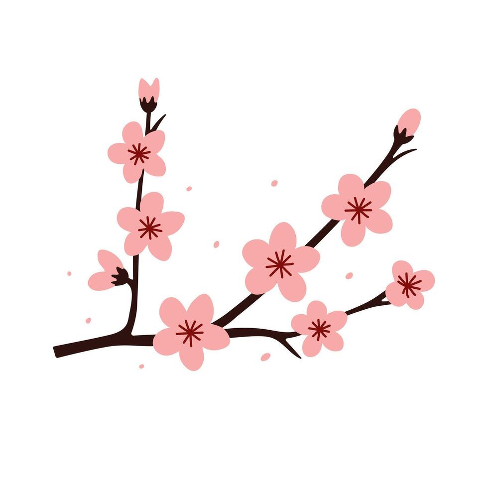 Minimalist cherry blossom branch with pink flowers on a white background. Simple flat design for prints, textiles, wallpapers, and digital projects. Elegant and delicate Japanese floral illustration. vector