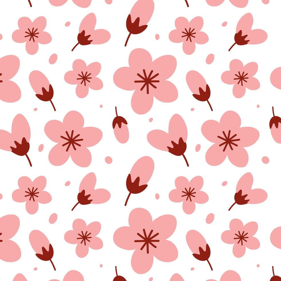 Seamless pattern with pink cherry blossom flowers and buds on a white background. Simple flat floral design in a Japanese style. Perfect for textiles, wallpapers, packaging, and digital projects. vector