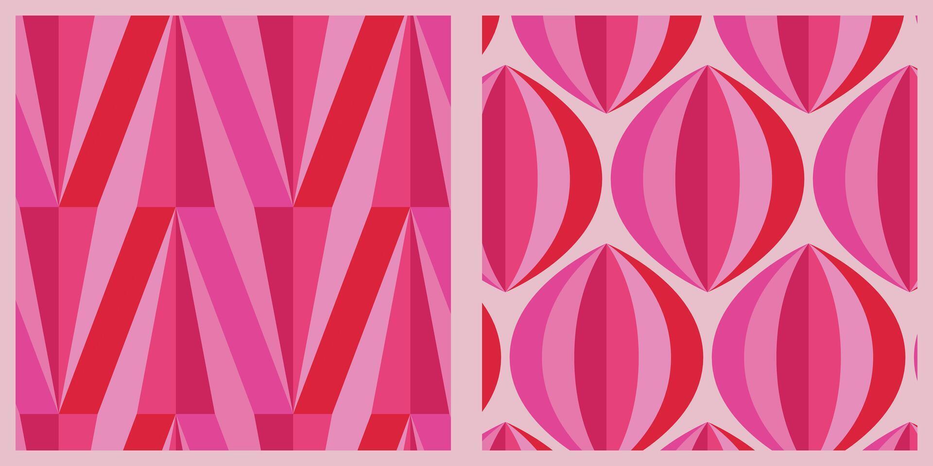 Set of two geometric striped patterns in vibrant pink and red colors. Modern abstract design for digital projects, prints, textiles, and backgrounds. vector
