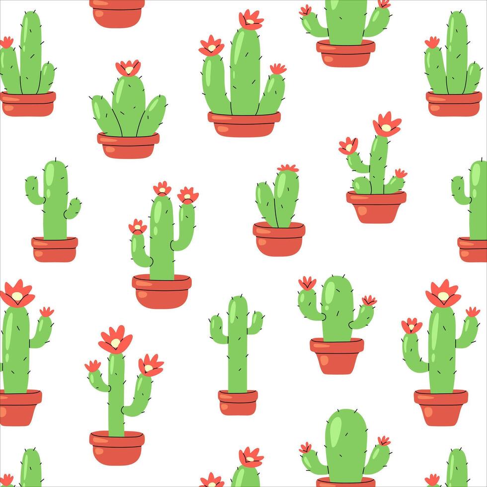 Seamless pattern with cartoon cacti in terracotta pots with red flowers. Green succulents with small spines on a white background. Perfect for textiles, wallpapers, wrapping paper, and decor. vector