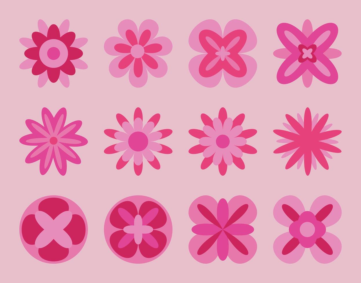 Set of geometric abstract flowers in red and pink tones. Modern stylized floral design for prints, textiles, backgrounds, and digital projects. vector