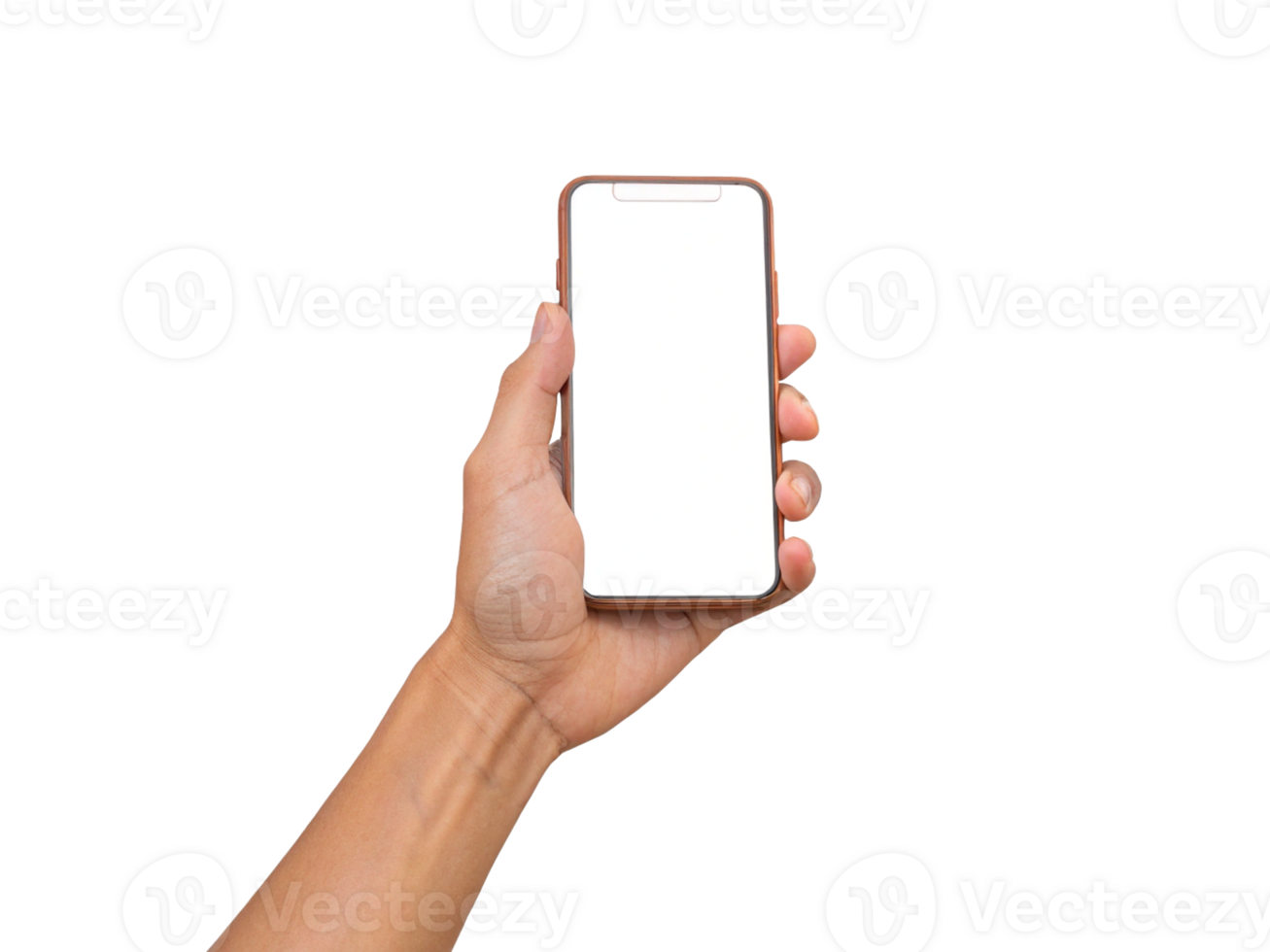 A Caucasian Person Holding Smartphone with Brown Frame in Foreground Transparent Background, Generated with AI png