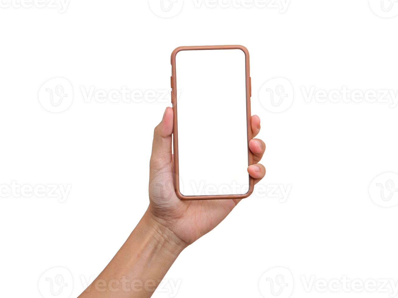 Person Holding Smartphone with Brown Frame in Foreground Transparent Background, Generated with AI png