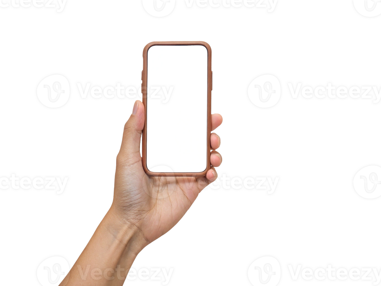 Hand Holding Smartphone with Brown Frame, Close Up View Transparent Background, Generated with AI png