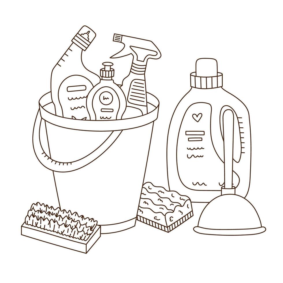 Lovely sketch housework concept illustration with bucket and different detergent products, liquids, rubber toilet plunger, scrubbing brushes. Funny doodle composition for website, poster, media. vector