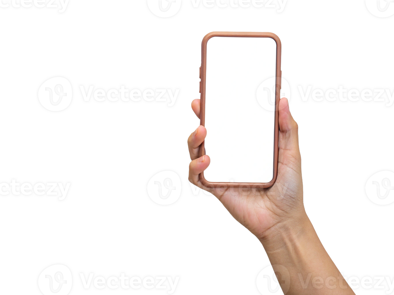Foreground Hand Gripping Smartphone with Brown Frame Transparent Background, Generated with AI png