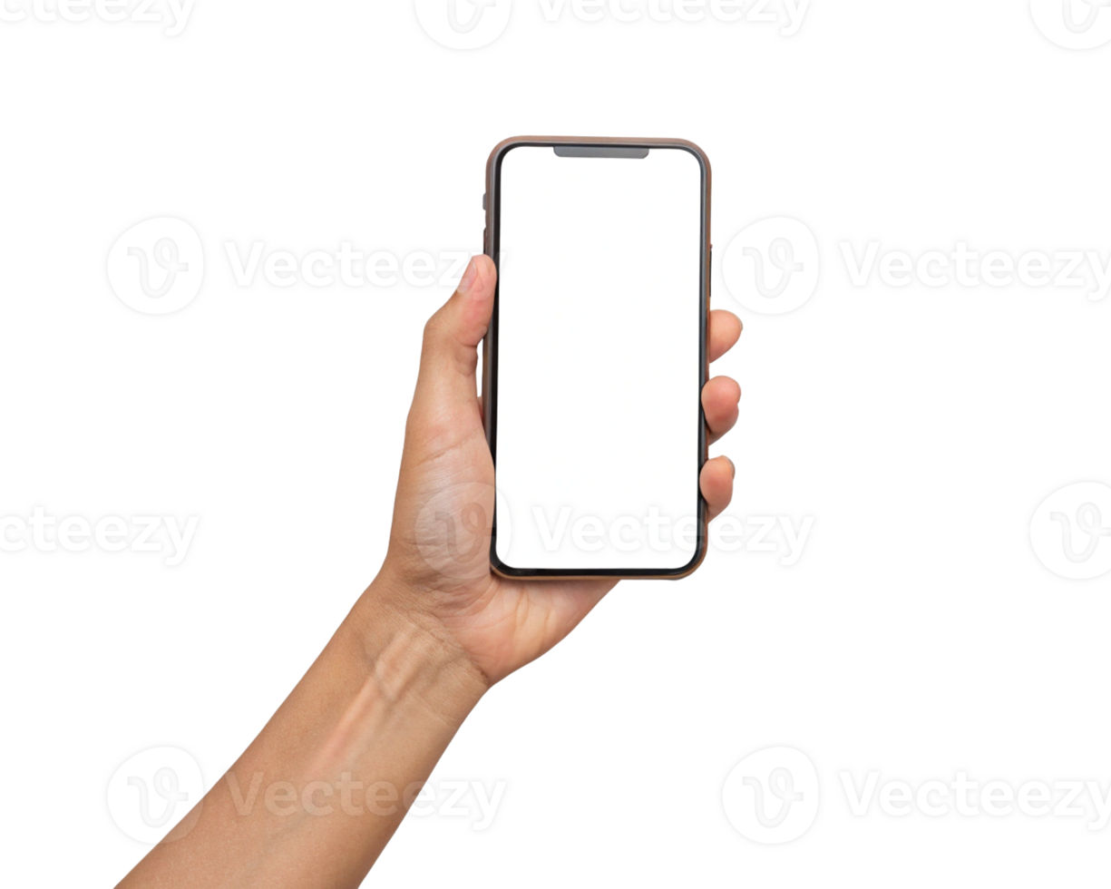 white smartphone display mockup in hand Transparent Background, Generated with AI png