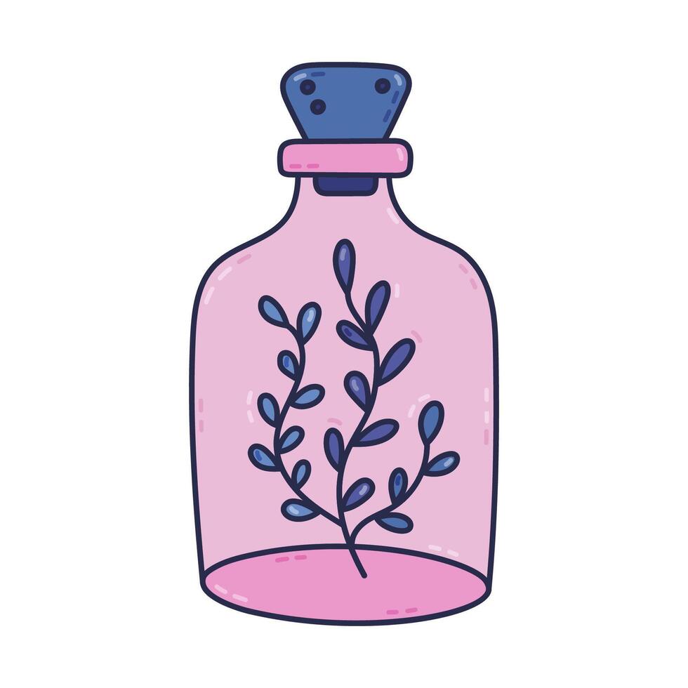 Lovely cartoon glass vial with cork and herb leaves inside it. Hand drawn magical leaf in bottle for wizard, esoteric, mystical experiment. Cute mystery and Halloween line doodle isolated on white vector