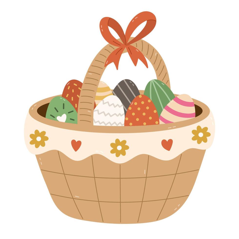 Lovely cartoon basket with painted Easter eggs and ribbon bow. Hand drawn package for celebrating religious springtime holiday. Cute clipart for poster, card, design isolated on white background. vector