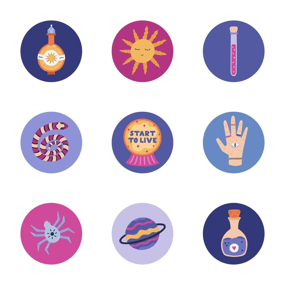 Trendy astrology round cover icons with mystical elements for social media, blogs, business, branding. Highlights for stories with magic potion, planet, tarot Sun, palmistry clipart in vivid colors. vector