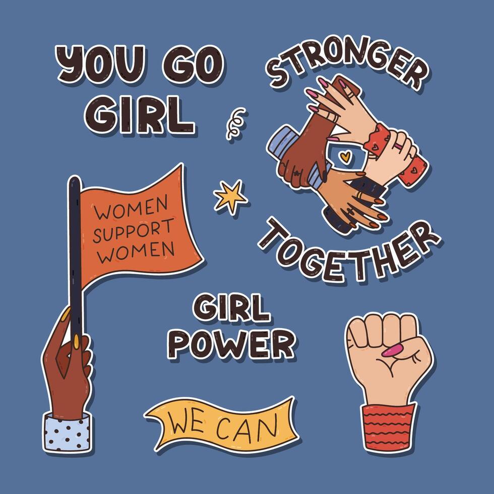 Lovely outline cartoon feminist sticker set for planners, notebooks. Ready for print list of cute female movement badges with girl arms in different poses, women solidarity lettering. vector