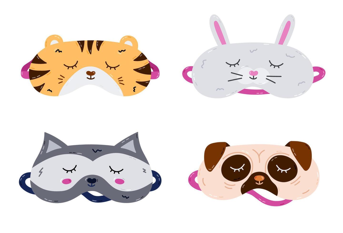 Childish cartoon animal sleeping mask set in the shape of pet head. Funny kids eye mask collection with tiger, bunny, pug, raccoon head. Hand drawn bed accessory for comfort slumber isolated on white. vector
