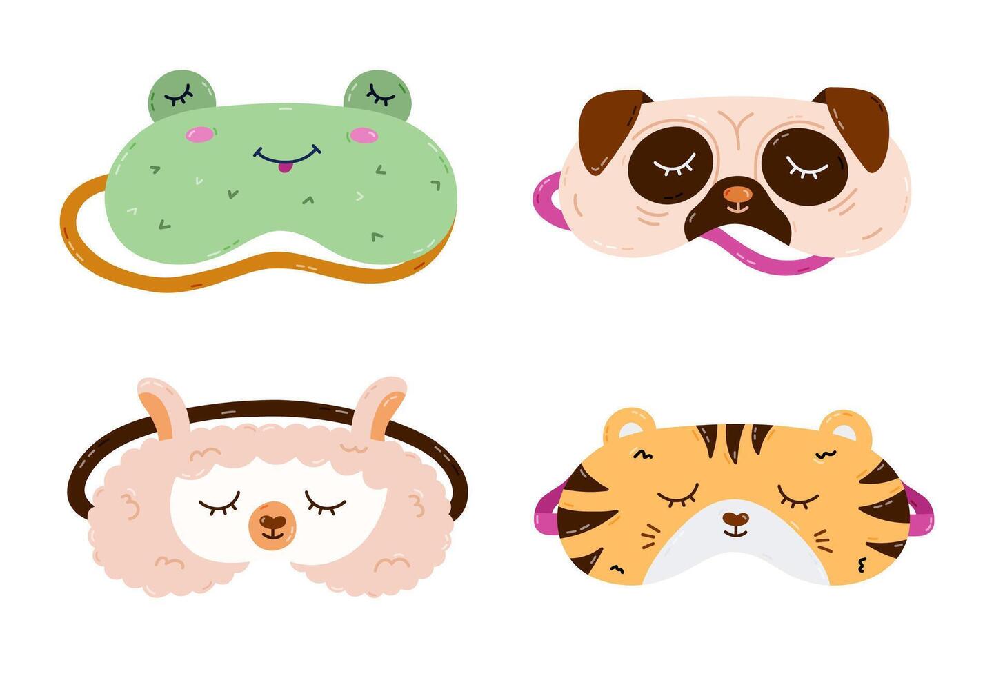 Childish cartoon animal sleeping mask set in the shape of pet head. Funny kids eye mask collection with frog, pug dog, llama, tiger head. Hand drawn good night accessory for nap isolated on white. vector