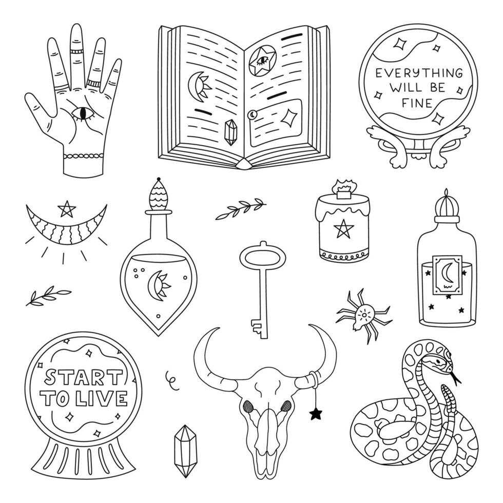 Lovely sketch doodle supernatural and enchanted set. Cute hand drawn palm with all seeing eye, crystal ball of sorcerer, cow skull, snake, potion with moonlight. Halloween magic stickers. vector