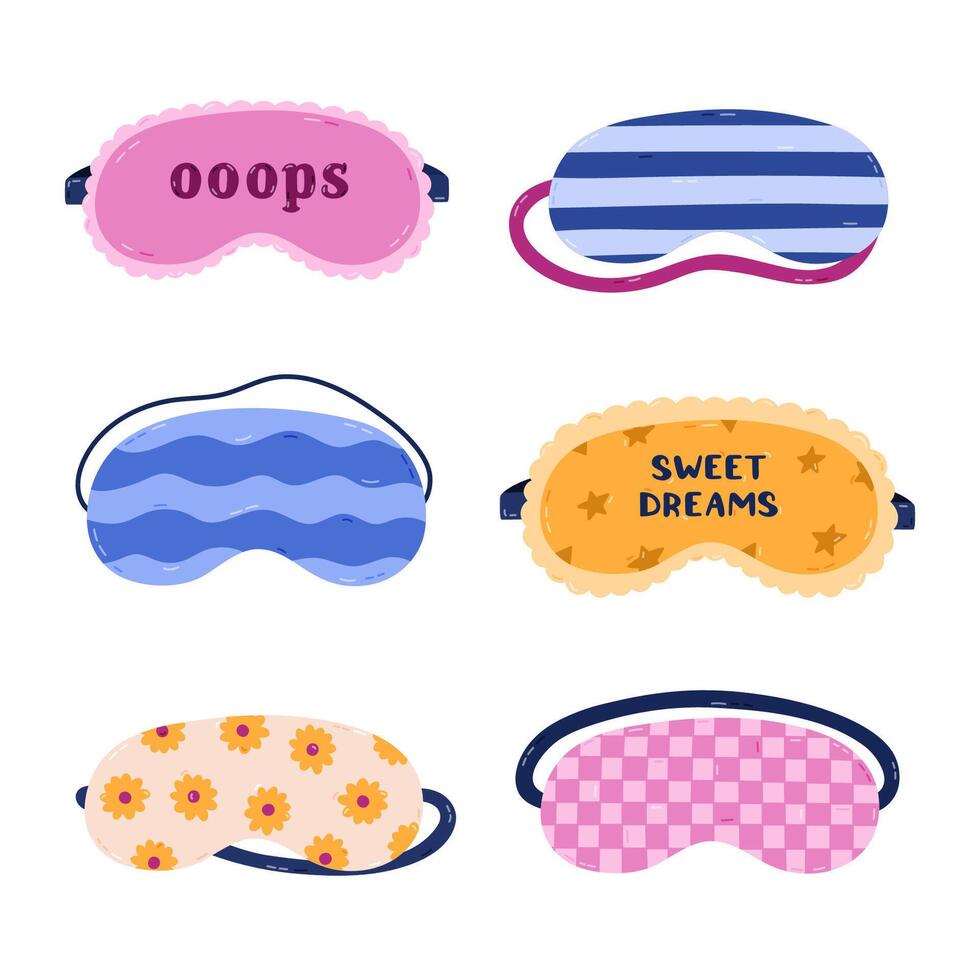 Lovely cartoon sleeping mask set with checkered pattern, sunflower, Sweet Dreams lettering, lace. Cute hand drawn girly eye mask for comfort dreaming. Patterned bedtime accessory isolated on white. vector
