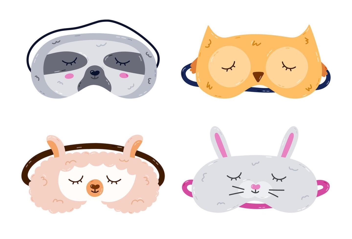 Childish cartoon animal sleeping mask set in the shape of sloth, owl, llama, bunny head. Funny kids eye mask collection with pet head. Hand drawn sweet dreams accessory isolated on background. vector
