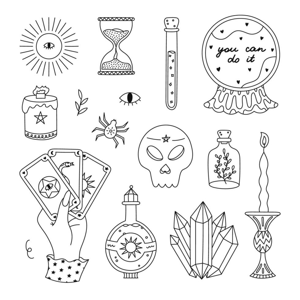 Lovely doodle witchcore and astrology set. Cute hand drawn fortune teller hand with tarot, wizard glass ball, ritual candle, crystal gems, magic sun liquid. mystical elements in line style. vector